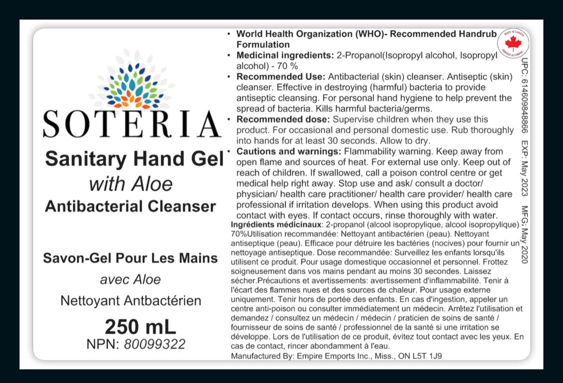 SOTERIA Sanitary Hand Gel 70% Alcohol (Various Sizes)