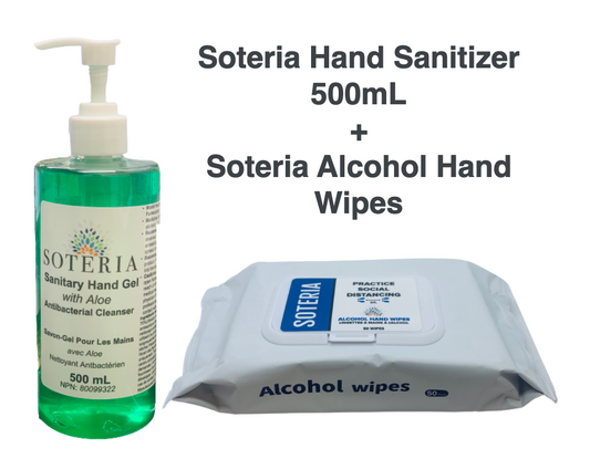 70% Alcohol Hand Sanitizer 500mL and Alcohol Hand Wipes by SOTERIA