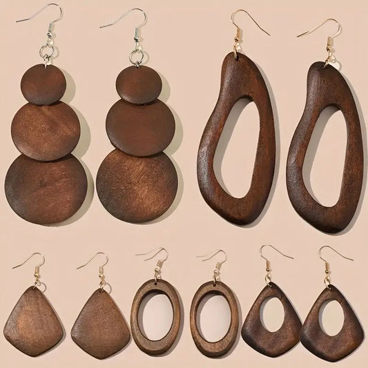 5 Pairs / Set Brown Wooden Dangle Earrings Retro Simple Style Light Weight Fall Winter Ear Ornaments