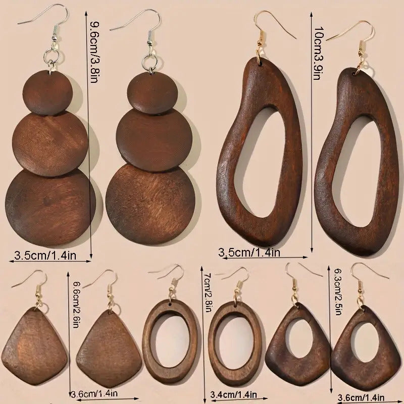 5 Pairs / Set Brown Wooden Dangle Earrings Retro Simple Style Light Weight Fall Winter Ear Ornaments