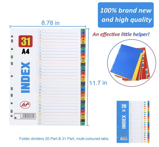 Plastic Folder Dividers Binder Index Dividers A4 20 Part & 31 Part Multi-Coloured, 2 SETS