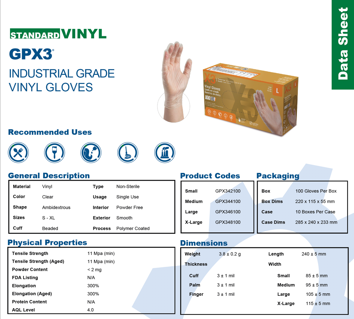 AMMEX GPX3® INDUSTRIAL GRADE VINYL GLOVES 100/Box