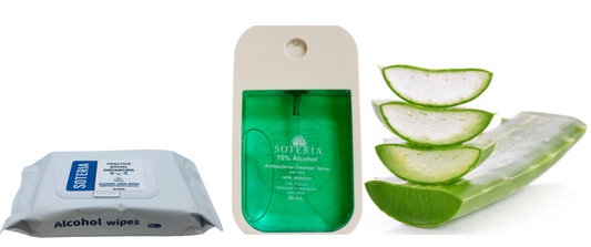 Combo Pack: Soteria Hand Sanitizer for Sensitive Skin + Soteria Alcohol Hand Wipes + 10 Free Facemasks